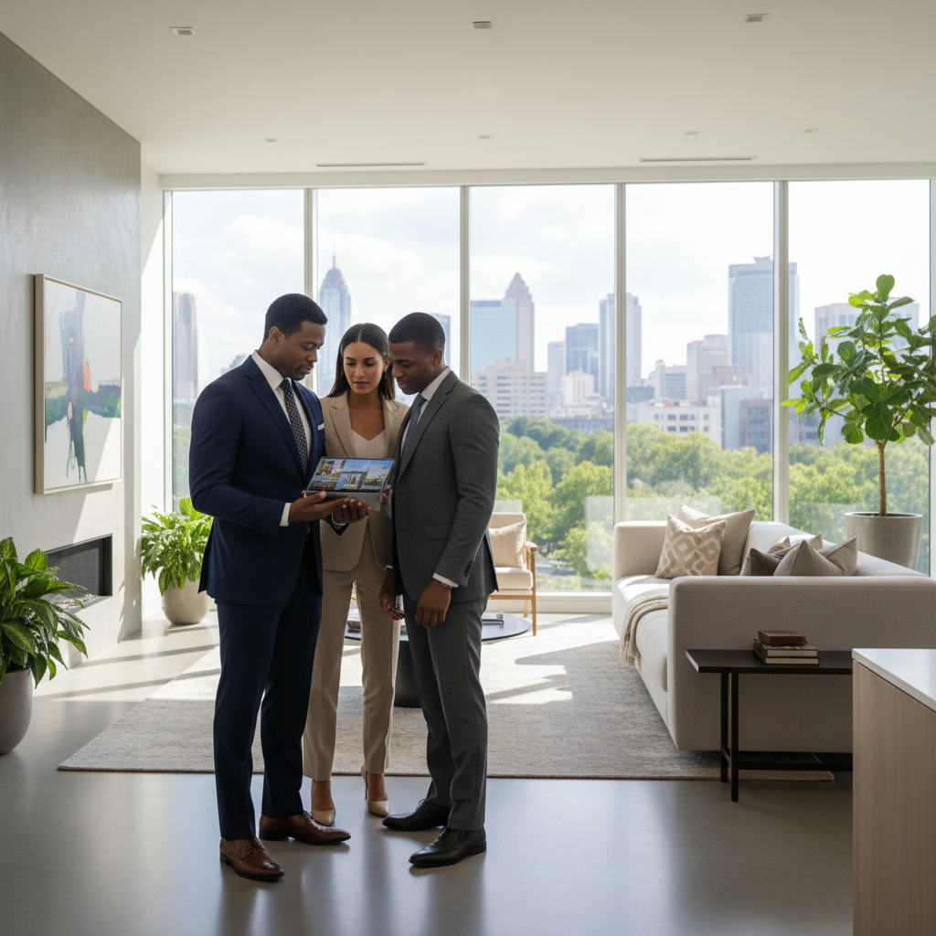 How can Atlanta Luxury Real Estate use AI Automation & Geo-Optimization? - A professional African-American real estate agent in Atlanta presenting a luxury