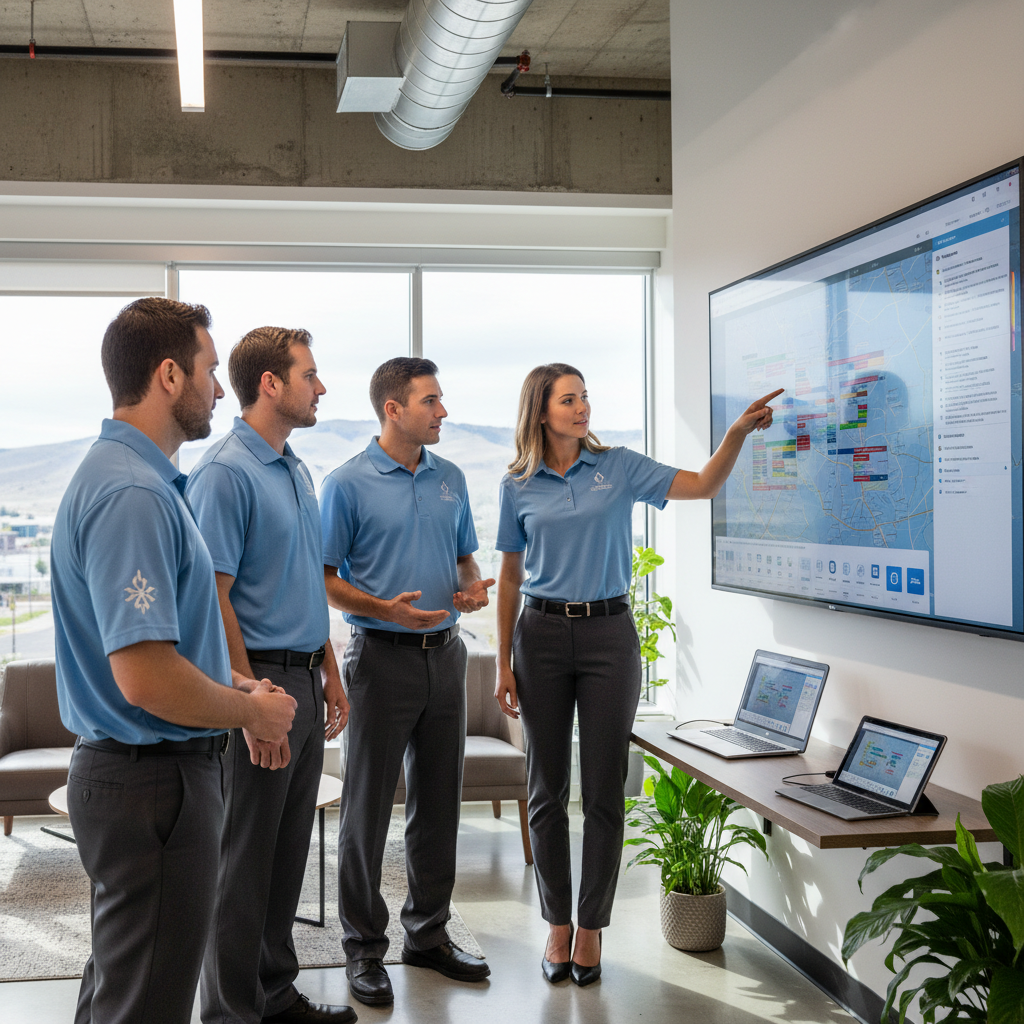 How Can Boise ID HVAC Companies Use AI to Book More Jobs: A team of HVAC professionals in a modern office in Boise, collaborating around a large screen displa | innovAIt Media