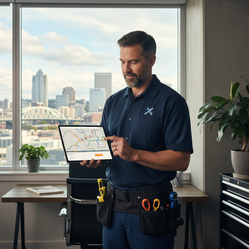 Why Portland OR Plumbers Are Switching to AI Lead Generation: A confident, professional plumber looking at a tablet that displays an AI-driven schedule and optimi | innovAIt Media