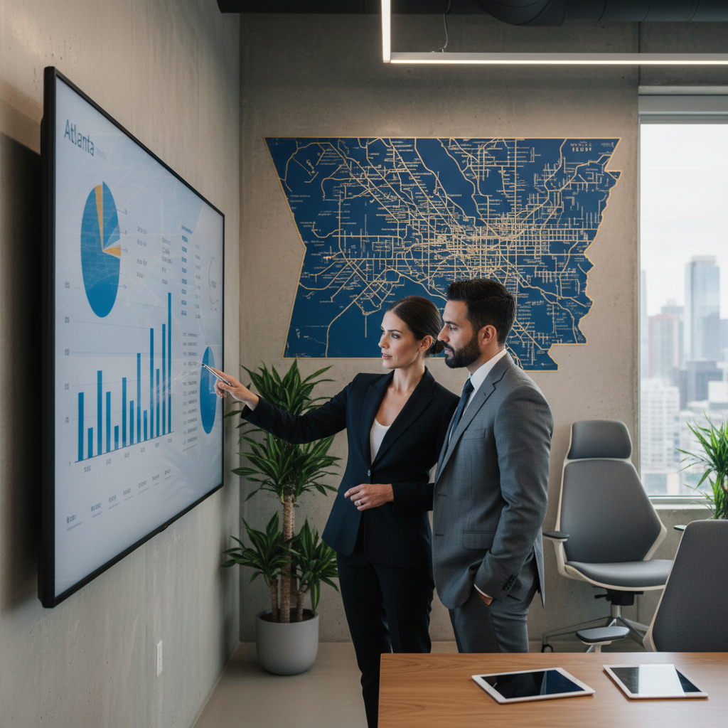 The ROI of AI Client Nurturing for Atlanta Luxury Realtors: Professional photo of two real estate agents reviewing analytics on a large screen in a modern offic | innovAIt Media