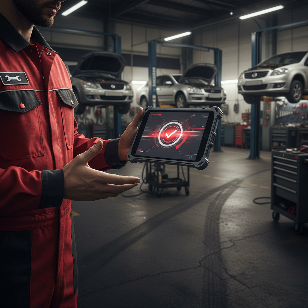 Is AI Chatbot Integration Worth It for Memphis Auto Shops? Is AI Chatbot Integration Worth It for Memphis Auto Shops?: A car mechanic in uniform interacting with a digital tablet showing a successful appointment booking | innovAIt Media