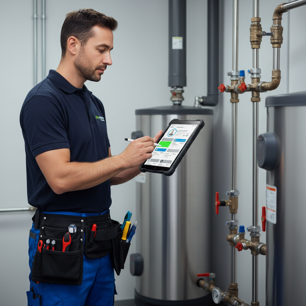 Is AI Dispatch Worth It for Salt Lake City Plumbers?: Professional photo of a plumber interacting with a tablet showing a dispatch interface | innovAIt Media