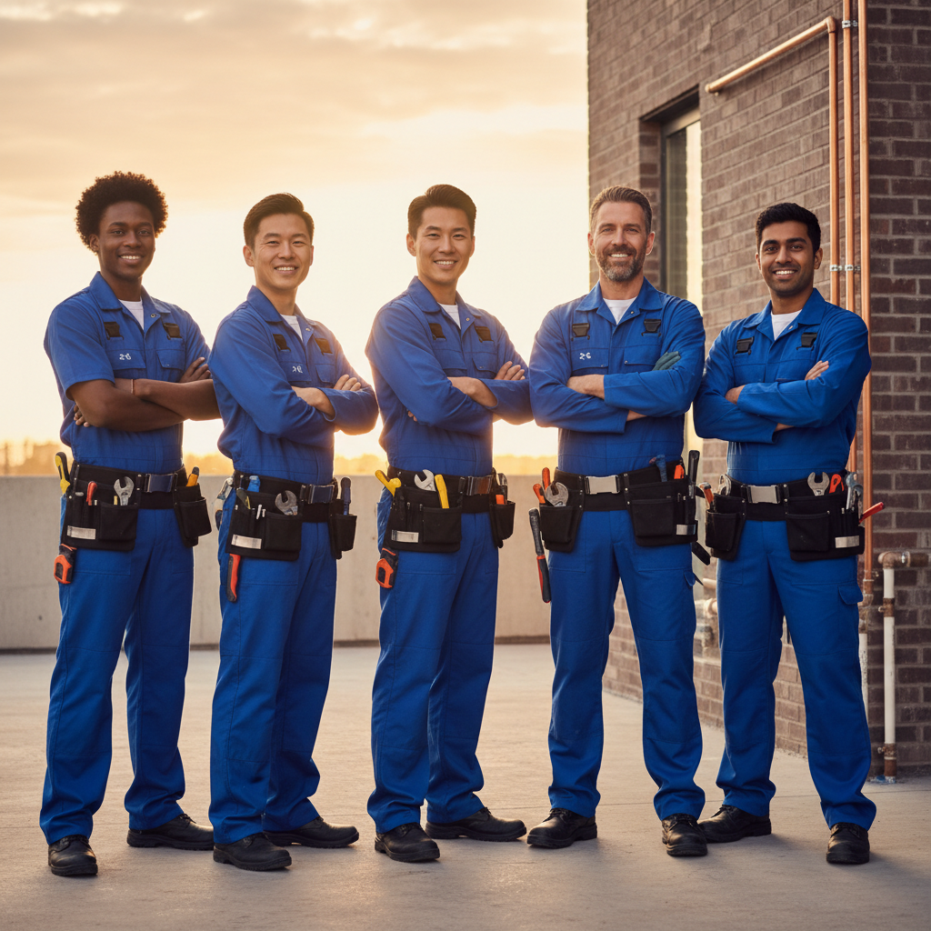 Is AI Dispatch Worth It for Salt Lake City Plumbers?: Professional photo of a diverse team of plumbers in branded uniforms, smiling and confidently lookin | innovAIt Media