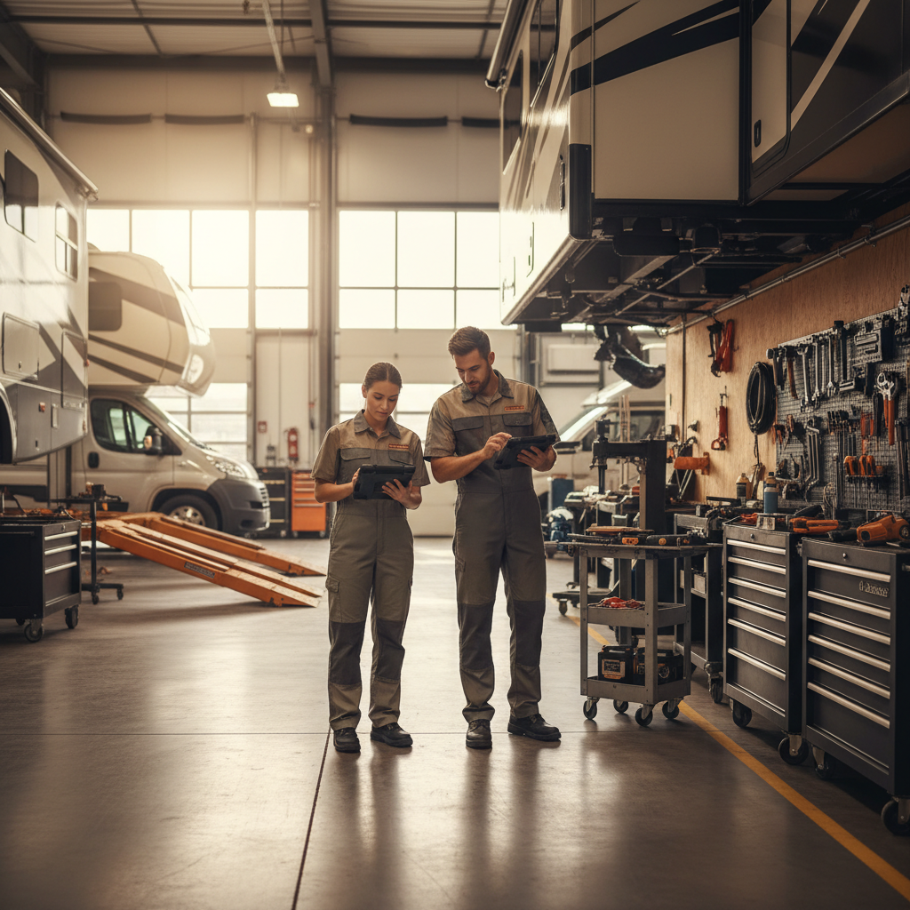 Is AI Reputation Management a Hidden Trap for Businesses?: Professional scene of a clean, modern RV service bay with technicians using tablets. | innovAIt Media