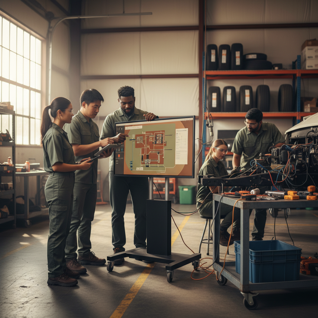 Is AI Reputation Management a Hidden Trap for Businesses?: Professional shot of a diverse team of RV technicians collaborating in a workshop with a digital dis | innovAIt Media