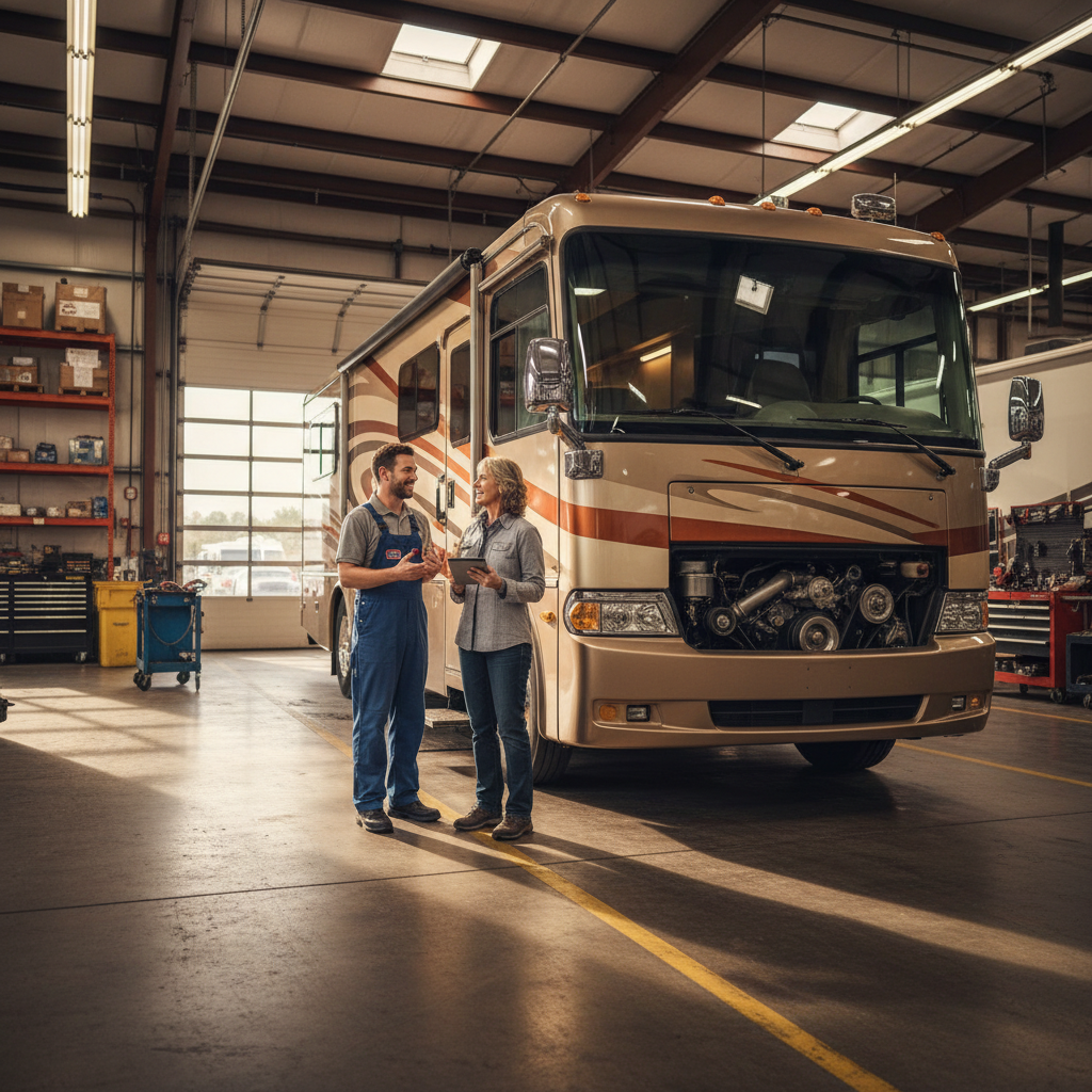 Is AI Reputation Management a Hidden Trap for Businesses?: Professional image of an RV parked at a service center with a friendly technician speaking to the ow | innovAIt Media