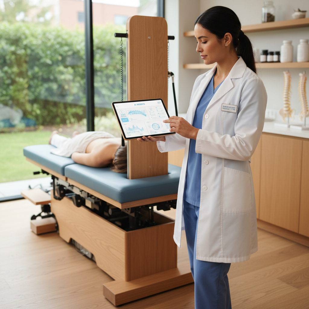 Is AI Too Risky for Santa Fe, NM Chiropractors?: Professional photo of a chiropractor interacting with a digital tablet displaying patient data, with | innovAIt Media