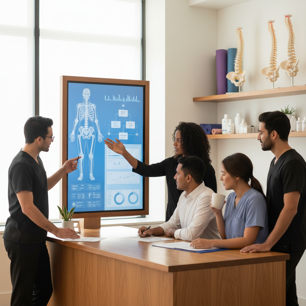 Is AI Too Risky for Santa Fe, NM Chiropractors?: Professional photo of a diverse team collaborating on a digital dashboard, analytics prominently dis | innovAIt Media