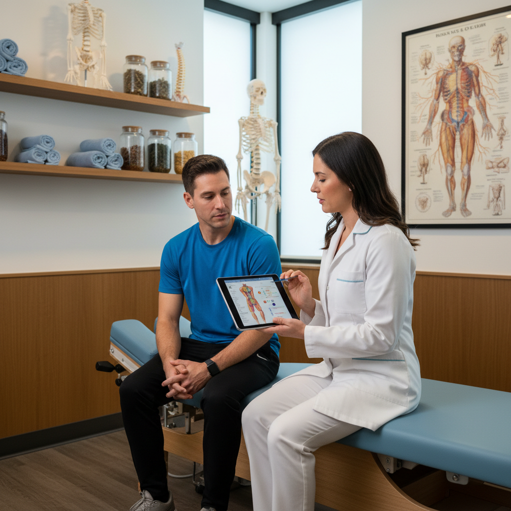 Is AI Too Risky for Santa Fe, NM Chiropractors?: Professional photo of a chiropractor explaining a treatment plan to a patient while referencing a ta | innovAIt Media
