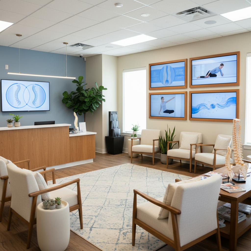 Is AI Too Risky for Santa Fe, NM Chiropractors?: Professional photo of a chiropractic clinic's waiting room with modern digital displays and a calm, | innovAIt Media