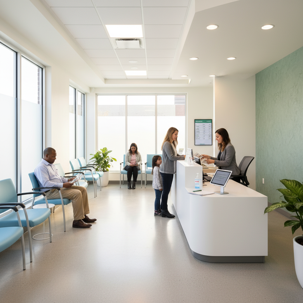Is ChatGPT's predictive scoring better than SEO's for urgent care?: An urgent care center waiting room in Baltimore, MD, looking calm and efficiently run, with patients | innovAIt Media