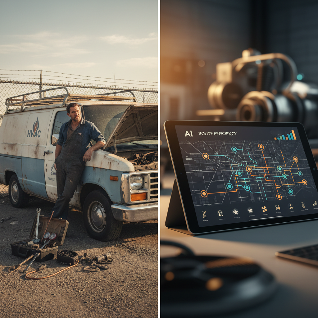 Is It Too Late for Las Vegas HVACs to Start Using AI? Is It Too Late for Las Vegas HVACs to Start Using AI?: Two juxtaposed images. One showing a frustrated HVAC technician with a broken down traditional van, | innovAIt Media