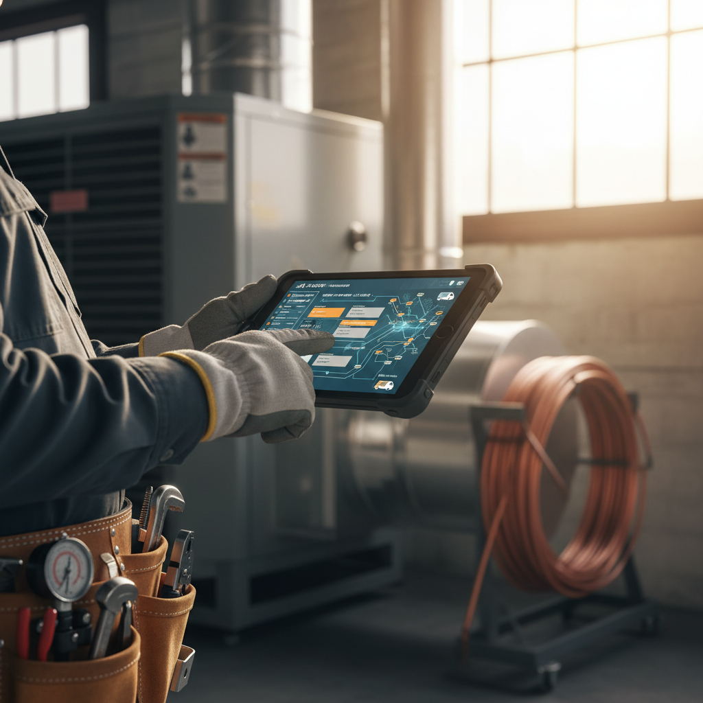 Is It Too Late for Las Vegas HVACs to Start Using AI? Is It Too Late for Las Vegas HVACs to Start Using AI?: Professional photo of an HVAC technician interacting with a tablet displaying an AI-powered dispatch | innovAIt Media