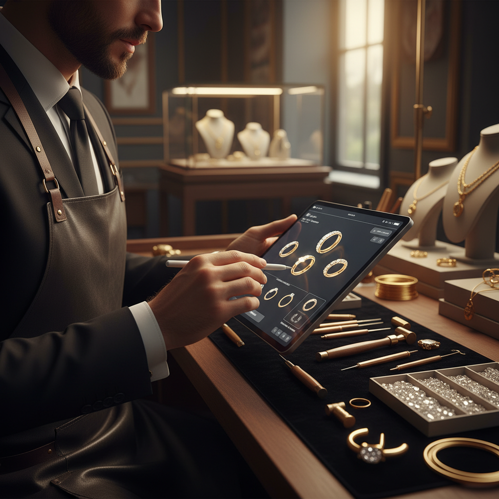 Is It Too Late for New York City, NY Jewelers to Start Using AI?: Professional scene of a jeweler using a tablet interface in a modern jewelry store. | innovAIt Media