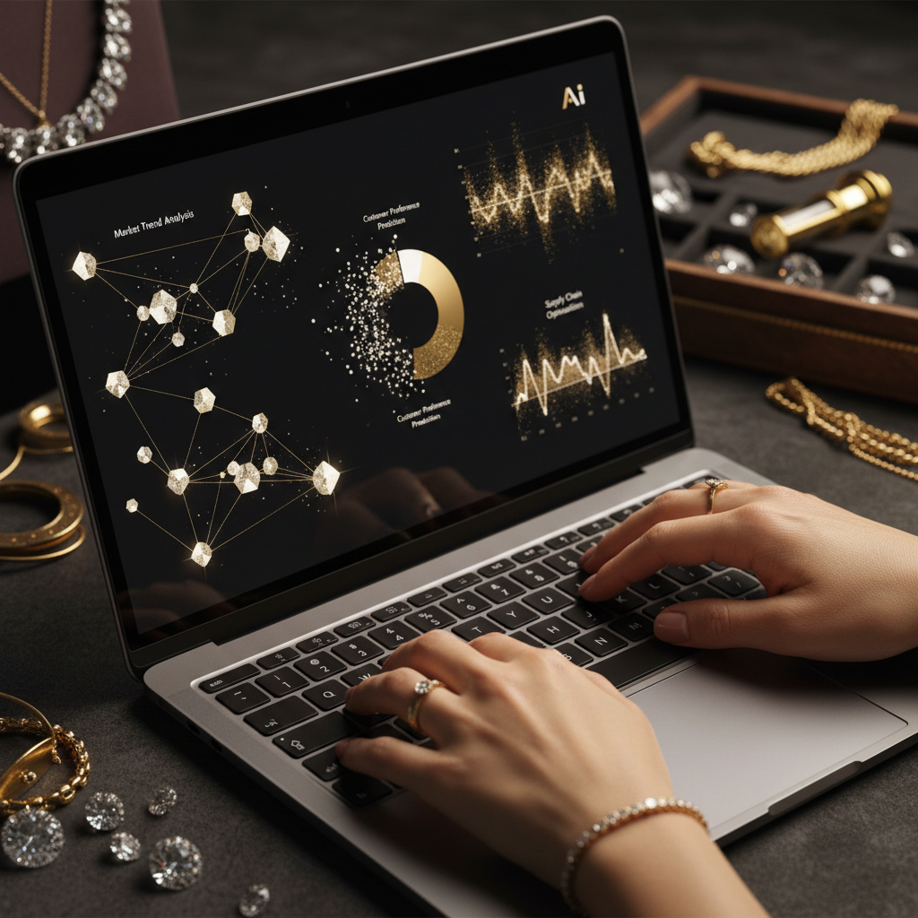 Is It Too Late for New York City, NY Jewelers to Start Using AI?: Close-up of hands typing on a laptop with complex data visualizations on the screen, representing AI | innovAIt Media