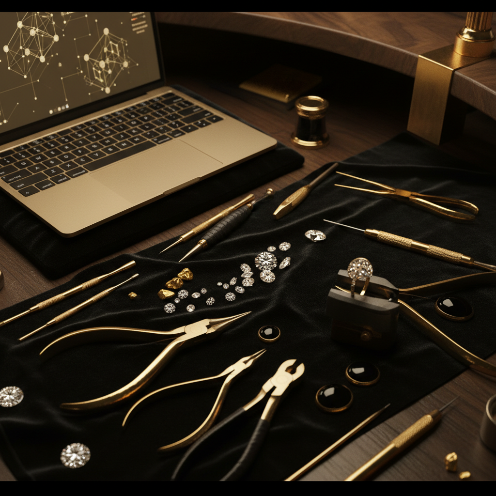Is It Too Late for New York City, NY Jewelers to Start Using AI?: Overhead shot of a jeweler's workbench with various tools, gemstones, and a laptop displaying AI sof | innovAIt Media
