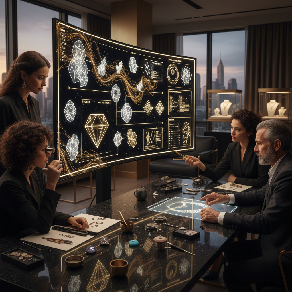 Is It Too Late for New York City, NY Jewelers to Start Using AI?: Professional shot of a diverse group of jewelers collaboratively reviewing AI-generated data on a la | innovAIt Media