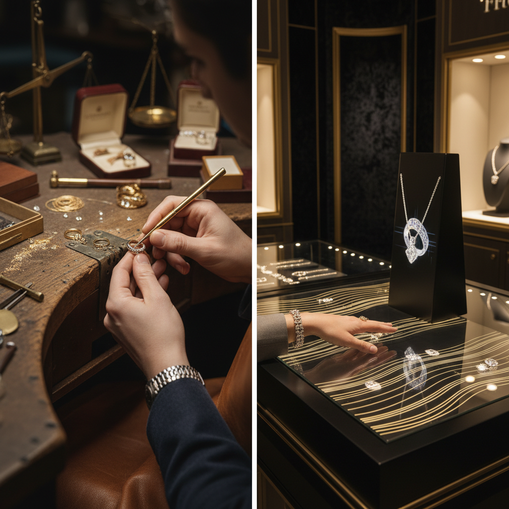 Is It Too Late for New York City, NY Jewelers to Start Using AI?: Side-by-side comparison illustrating a traditional jewelry store (manual processes) and an AI-powere | innovAit Media