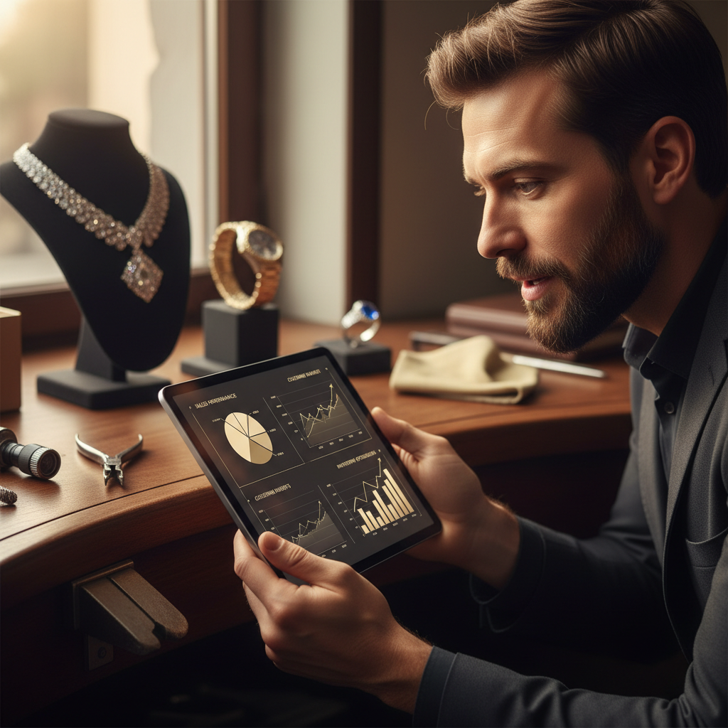 Is It Too Late for New York City, NY Jewelers to Start Using AI?: A close-up shot of a jeweler looking impressed at a tablet displaying AI-driven sales analytics, wit | innovAIt Media