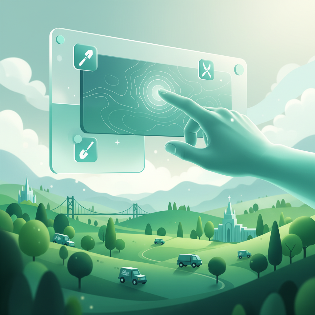 Is it too late for Oregon landscapers to start using AI?: A stylized graphic of a landscaper's hand interacting with a glowing AI interface, overseeing a vibr | innovAIt Media