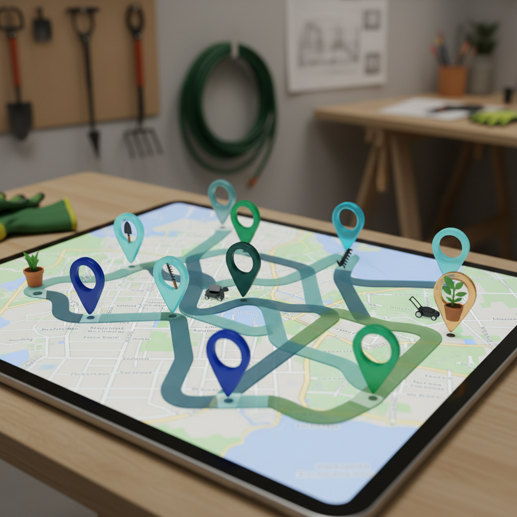 Is it too late for Oregon landscapers to start using AI?: Close-up shot of a tablet displaying an AI-powered route optimization map with multiple colored pins | innovAIt Media