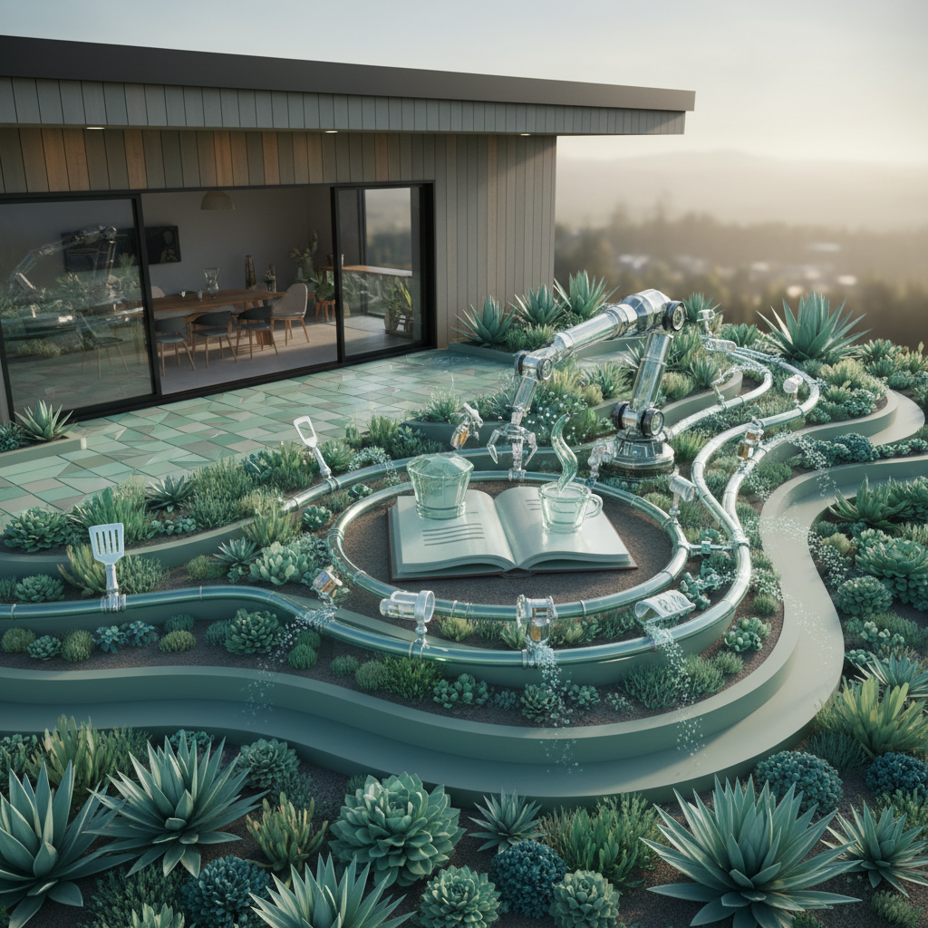 Is it too late for Oregon landscapers to start using AI?: An aerial view of a meticulously designed, sustainable backyard garden in a modern Portland, OR home | innovAIt Media
