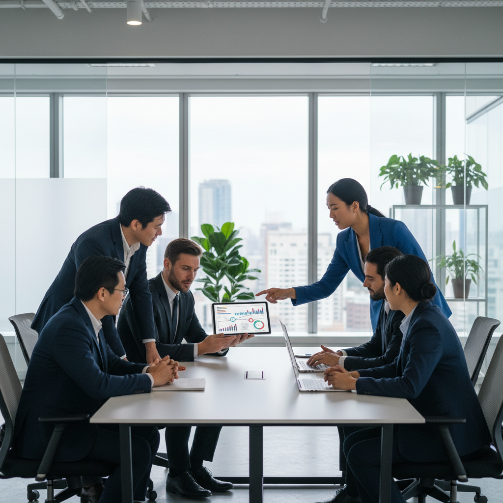 Is Neural Search Indexing Worth It for Independent Insurance Agencies?: A diverse group of insurance agents collaborating in a modern office, one pointing at a tablet displ | innovAIt Media