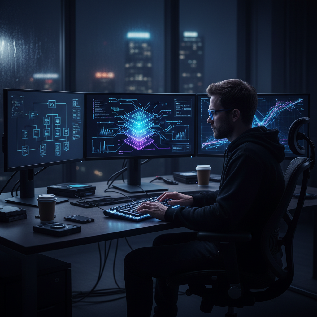 Is Neural Search Indexing Worth It for Independent Insurance Agencies?: A skilled AI developer working on code in a dark office setting, focusing on a multi-screen setup wi | innovAIt Media