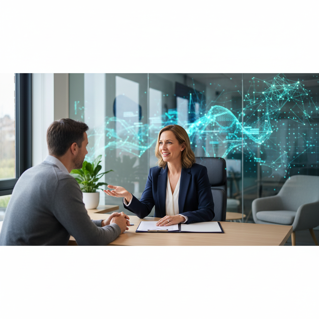 Is Neural Search Indexing Worth It for Independent Insurance Agencies?: An independent insurance agent confidently speaking with a client in a modern, welcoming office envi | innovAIt Media