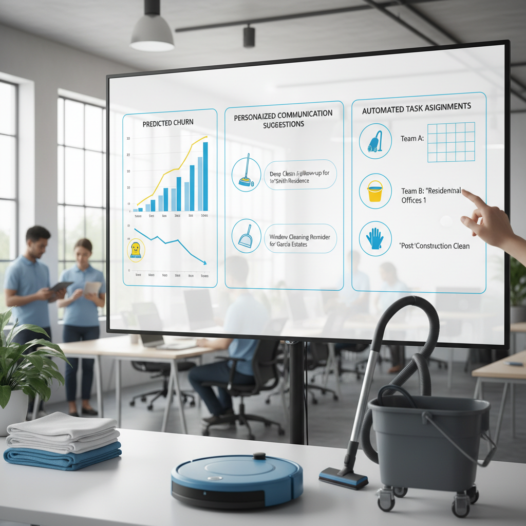 Is Your Commercial Cleaning Missing Retention Because of Outdated AI?: A diagram showing a customer relationship management (CRM) dashboard with AI-driven insights: predic | innovAIt Media