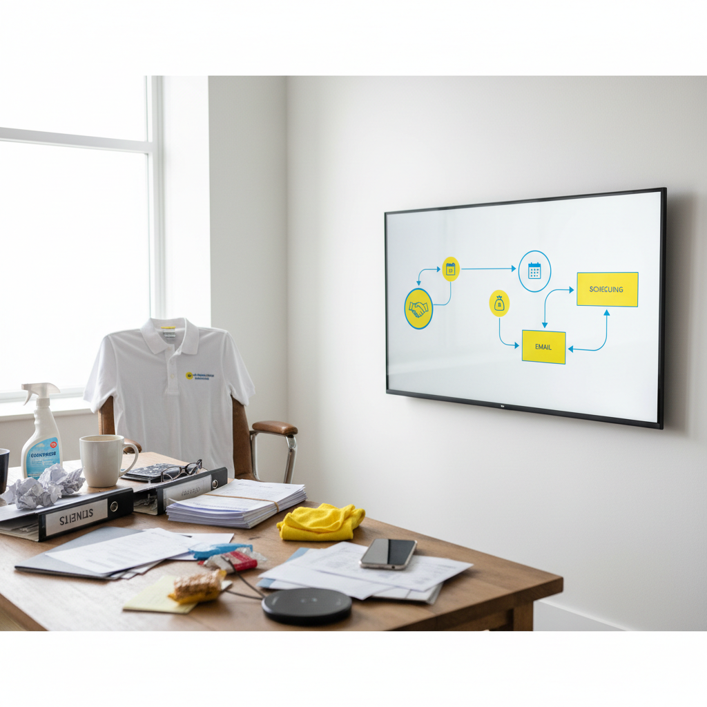 Is Your Commercial Cleaning Missing Retention Because of Outdated AI?: A cluttered desk contrasting with a streamlined digital workflow automation screen. The digital scre | innovAIt Media