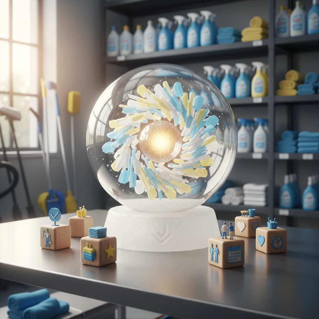 Is Your Commercial Cleaning Missing Retention Because of Outdated AI?: A visualization of data points converging into a 'churn risk' score for a customer, with recommendat | innovAIt Media