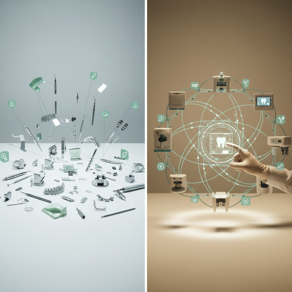 Is Your Pediatric Dentist Karbon AI Strategy Broken? Is Your Pediatric Dentist Karbon AI Strategy Broken?: A graphic contrasting a messy, fragmented set of AI icons with a neatly interconnected web of AI too | innovAIt Media