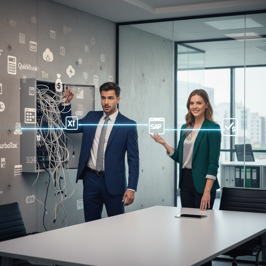 Is Your Tax Accountant AI Missing Zero-Click SEO? Is Your Tax Accountant AI Missing Zero-Click SEO?: A person looking perplexed at a tangled mess of wires and software icons, with another person elegan | innovAIt Media