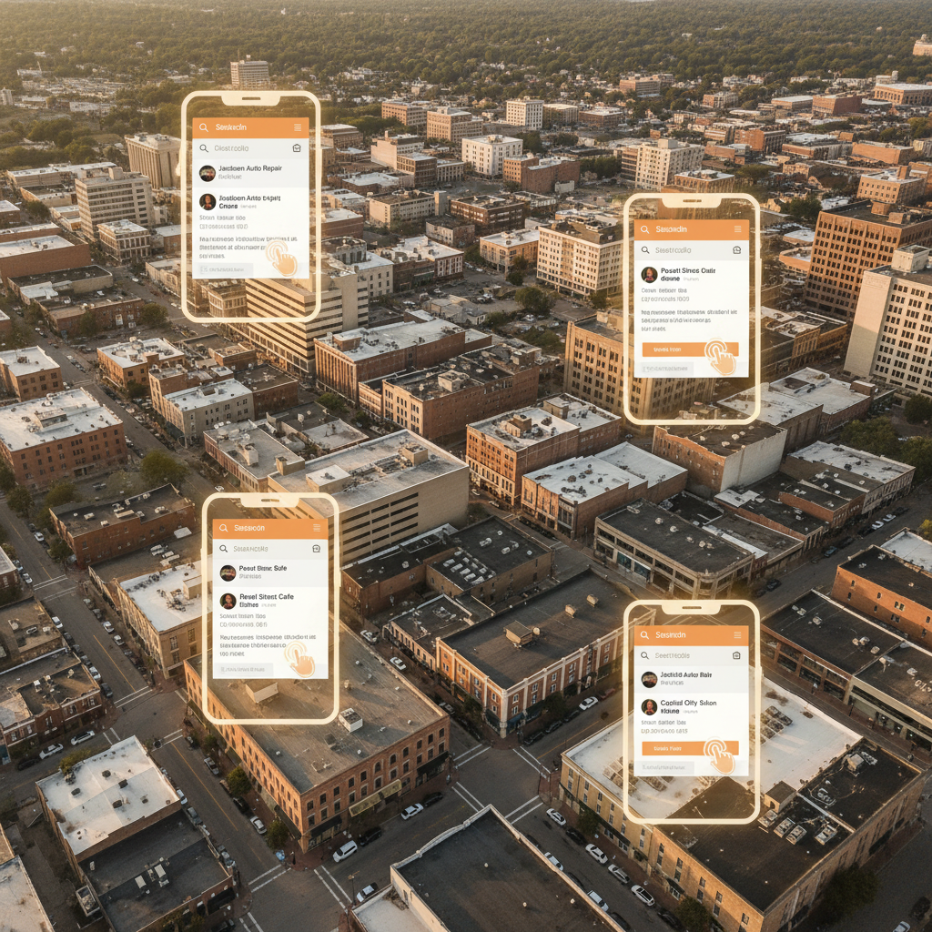 Is Zero-Click SEO a Myth for Mississippi Businesses? Is Zero-Click SEO a Myth for Mississippi Businesses?: An aerial view of Jackson, MS, focusing on a vibrant commercial district, with digital overlays show | innovAIt Media