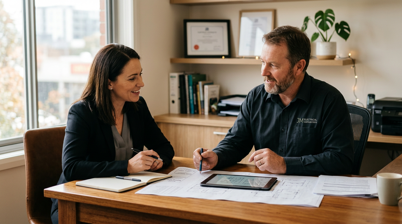 Jobber for Electrical Contractor in Seattle, WA Jobber for Electrical Contractor in Seattle, WA: Expert Jobber for Electrical Contractor professional consulting with a client, w | innovAIt Media