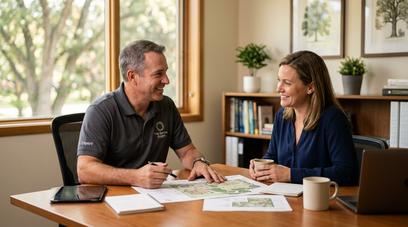 Jobber for Tree Service in Denver, CO: Expert Jobber for Tree Service professional consulting with a client, warm offic | innovAIt Media