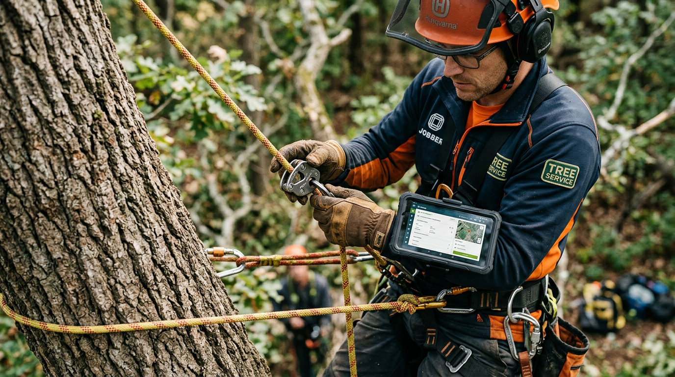 Jobber for Tree Service in Denver, CO: Jobber for Tree Service technology and tools in action, close-up detail shot sho | innovAIt Media