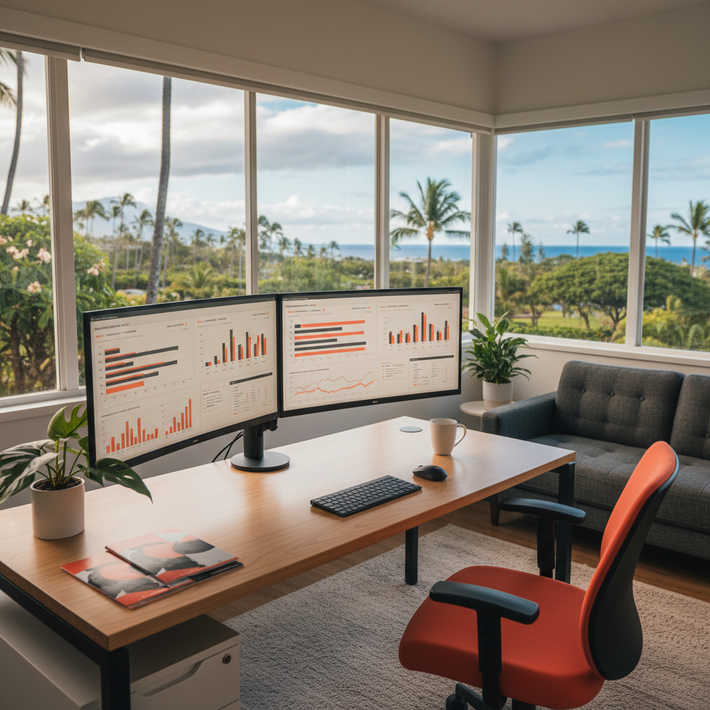 Kailua HI Luxury Realtors: Is AI Too Complex for My Marketing?: Professional photo of an organized real estate office in Kailua, HI, with a clean desk, dual monitor | innovAIt Media