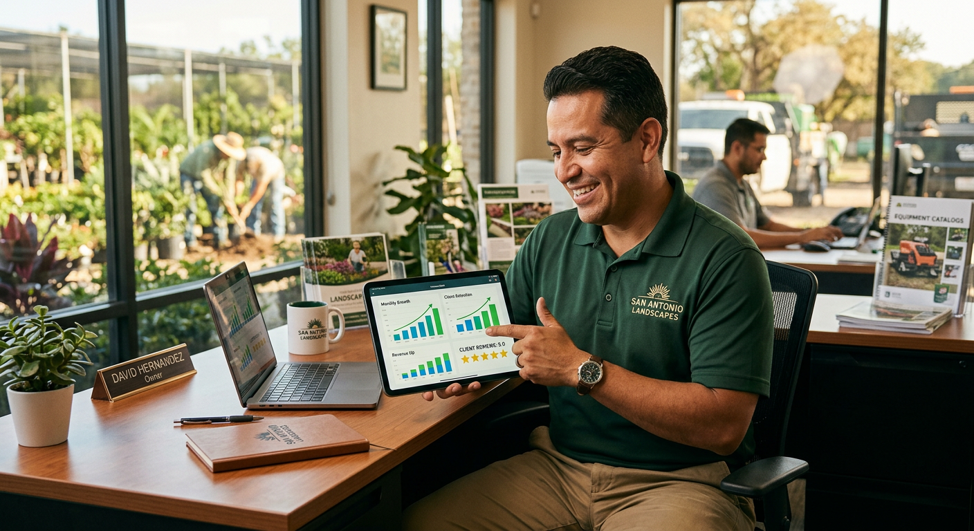 Landscaping Company business owner seeing AI marketing results in San Antonio, Texas Landscaping Company business owner seeing AI marketing results in San Antonio, Texas