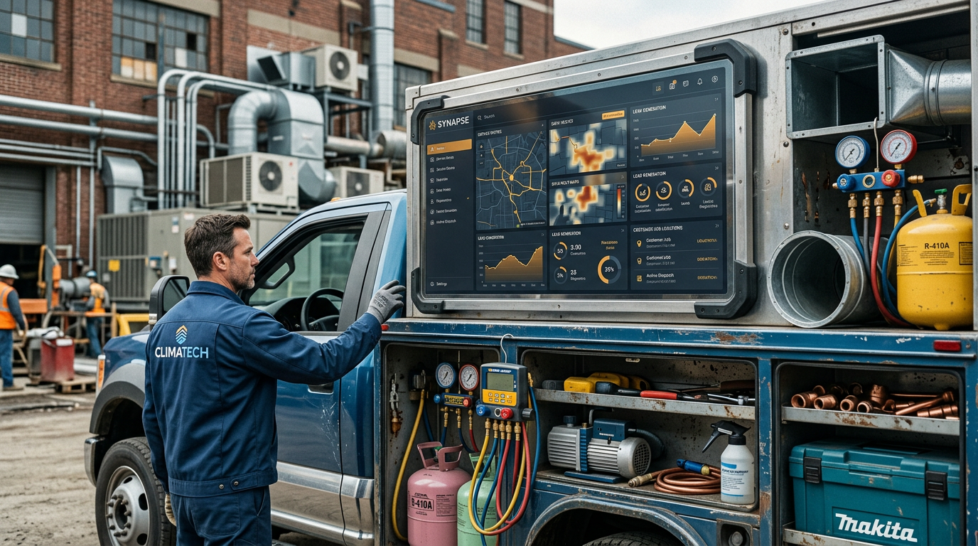 Llama 4 Maverick: Can It 10x HVAC Leads with 24/7 AI?: A futuristic HVAC service truck with an AI interface displayed on its side, showing real-time lead g | innovAIt Media