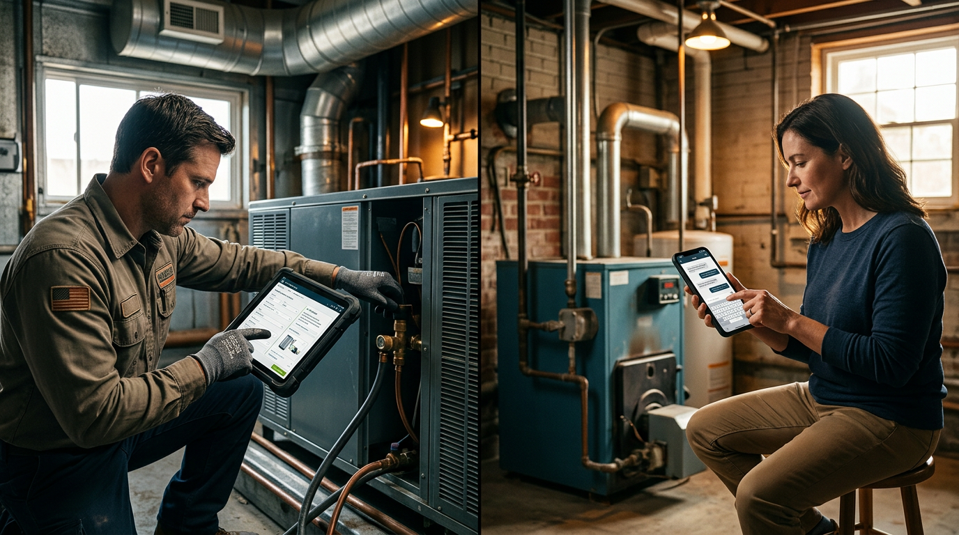 Llama 4 Maverick: Can It 10x HVAC Leads with 24/7 AI?: A split screen showing an HVAC technician interacting with a tablet displaying Jobber's AI features | innovAIt Media