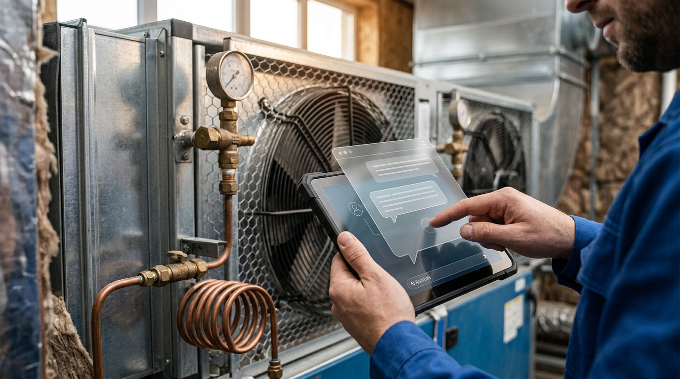 Llama 4 Maverick: Can It 10x HVAC Leads with 24/7 AI?: A customer interacting with a transparent chatbot interface on a tablet, with a small disclaimer ind | innovAIt Media