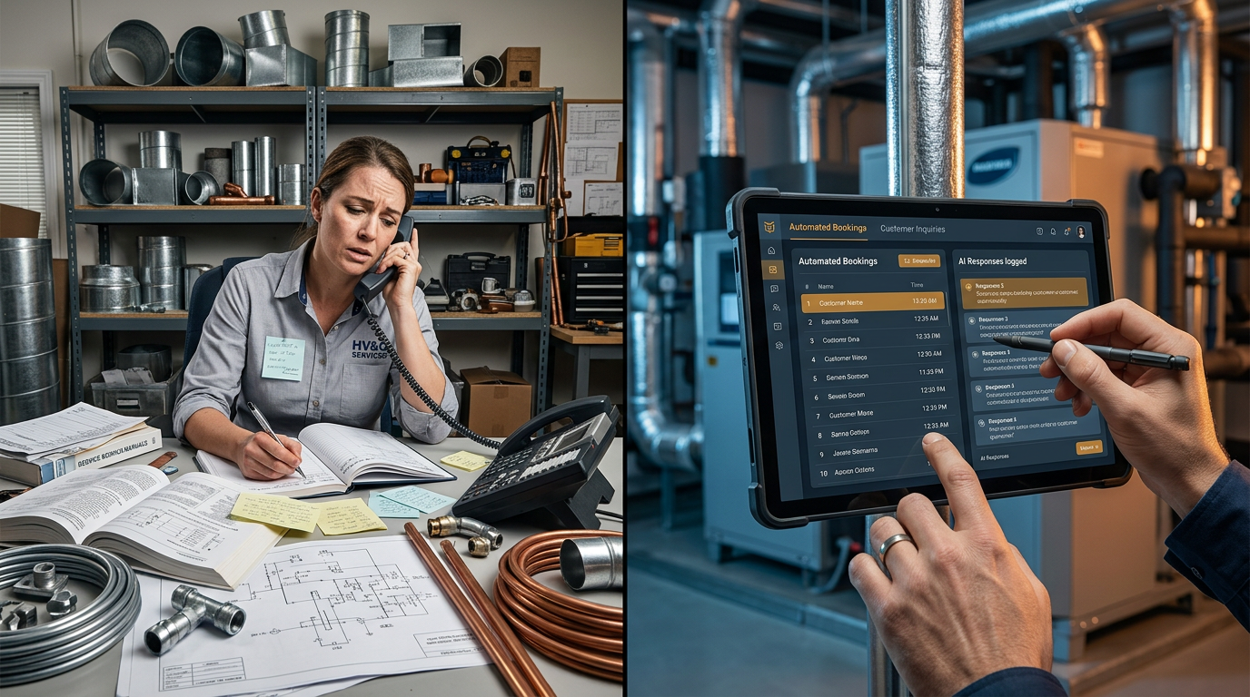Llama 4 Maverick: Can It 10x HVAC Leads with 24/7 AI?: A split image showing one side an overwhelmed office worker handling calls, and on the other, a s | innovAIt Media