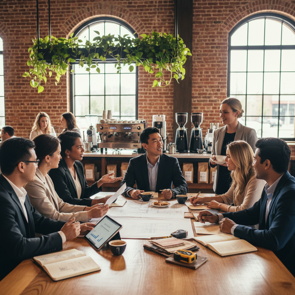 local GEO for businesses in Houston Texas: Professional photo of a diverse group of business owners networking in a modern Houston, TX cafe | innovAIt Media