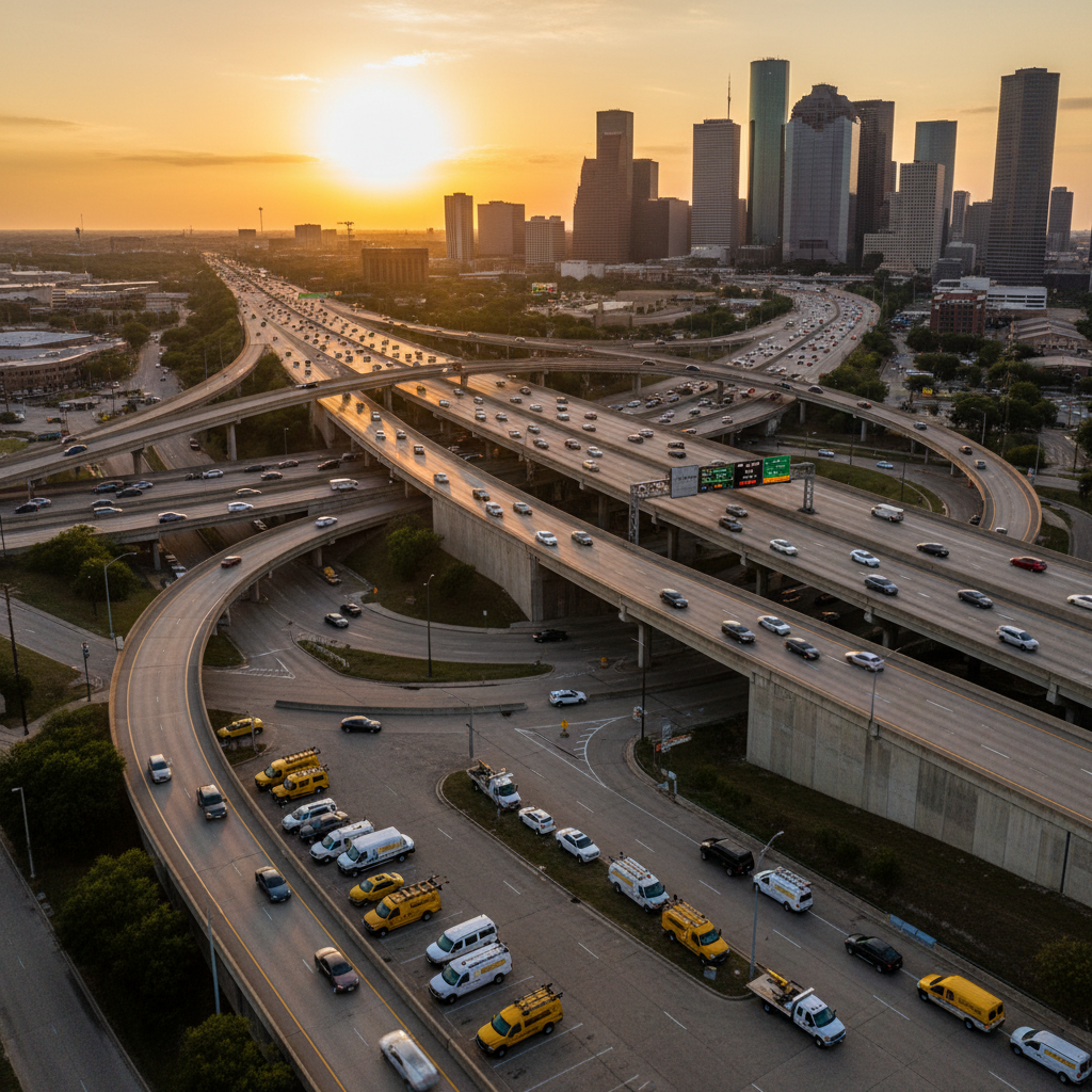 local GEO for businesses in Houston Texas: Overhead shot of Houston's bustling downtown freeways at sunset | innovAIt Media