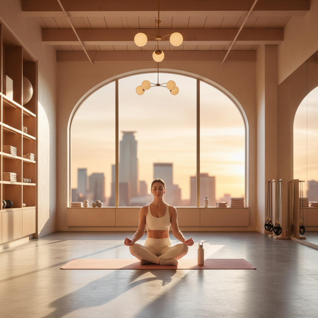 Minneapolis Boutique Gyms: Should We Trust Google Business AI? Minneapolis Boutique Gyms: Should We Trust Google Business AI?: Professional photo of a person meditating in a modern boutique gym in Minneapolis, with the city sky | innovAIt Media