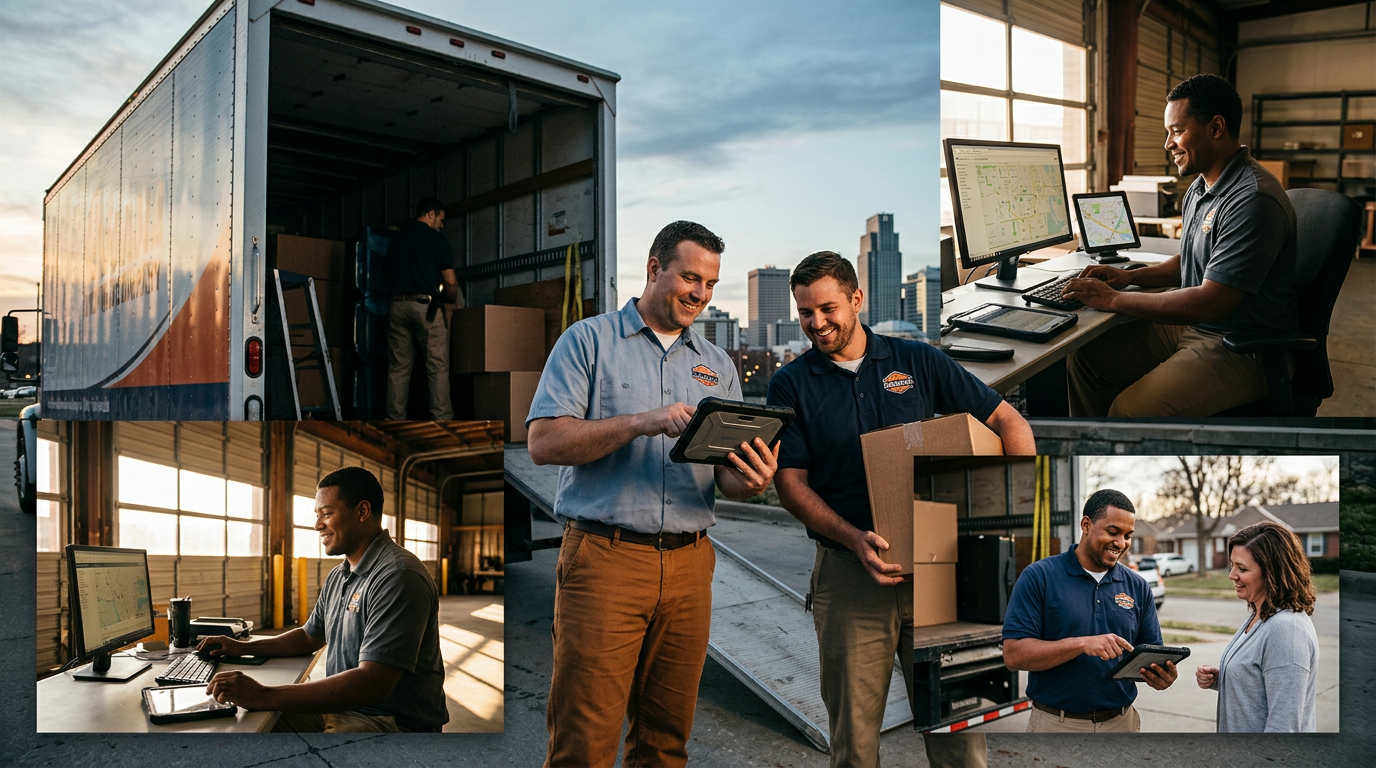 Nabla Copilot Pro: I optimized competitive analysis for my Hartford roofing biz: A composite image of happy moving company staff in Omaha using tablets and computers, symbolizin | innovAIt Media