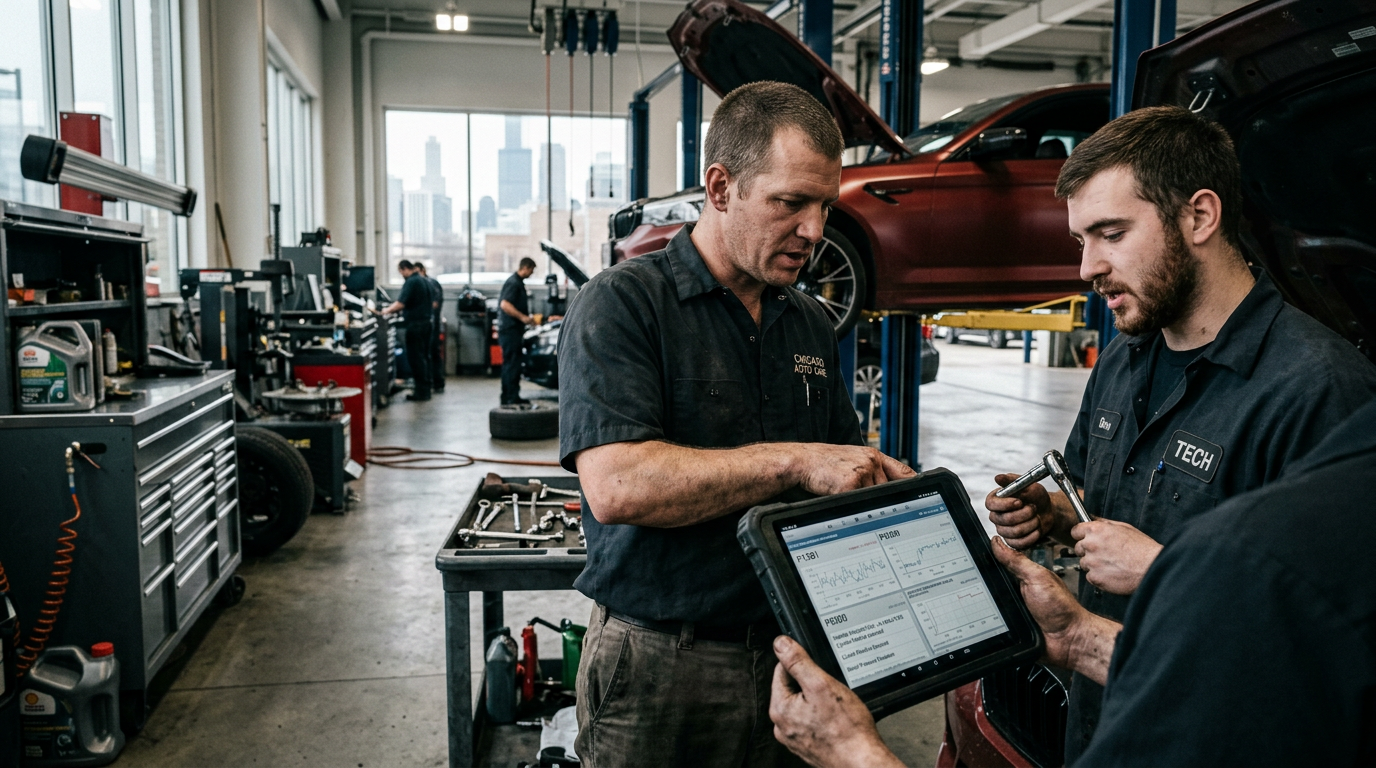 Nemotron 3 Ultra: Auto Shop SEO Agencies' Hidden Truths Nemotron 3 Ultra: Auto Shop SEO Agencies' Hidden Truths: Two mechanics in a modern auto shop in Chicago, IL, collaborating with a tablet displaying AI-driven | innovAIt Media