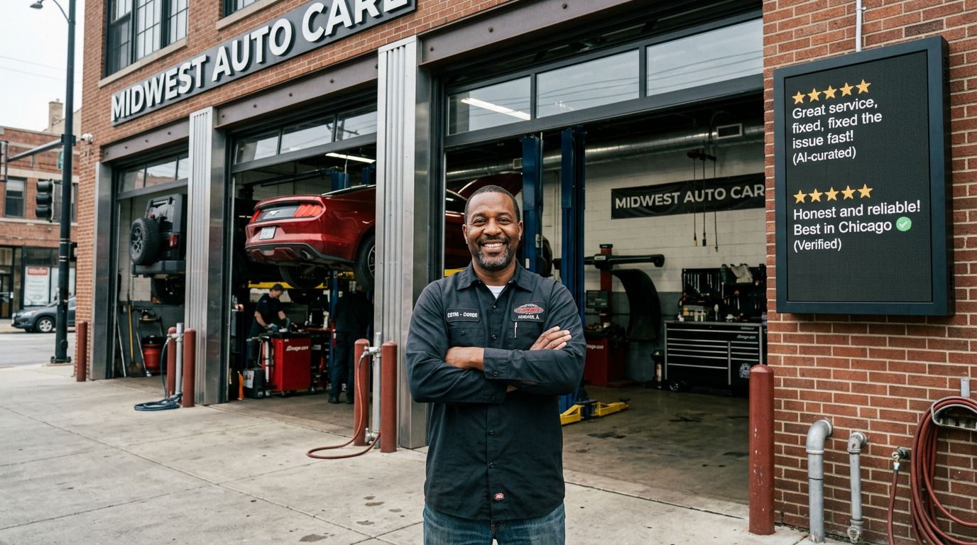 Nemotron 3 Ultra: Auto Shop SEO Agencies' Hidden Truths Nemotron 3 Ultra: Auto Shop SEO Agencies' Hidden Truths: A smiling auto shop owner from Chicago, IL, standing proudly in front of their modern garage, with a | innovAIt Media